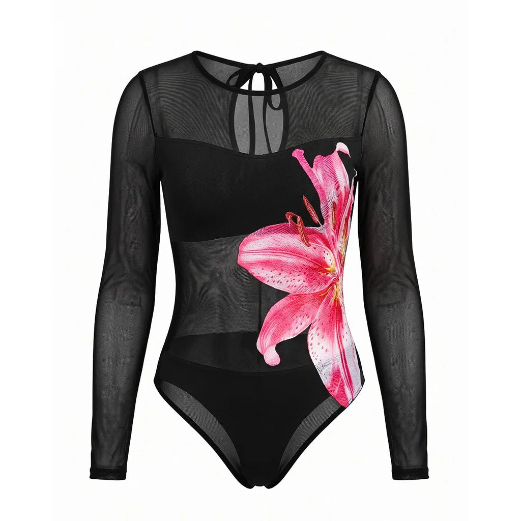 Long Sleeve Swimsuit Printed Sheer Mesh Swimwear Geometric Print Tribal Pattern Bathing Suit Red Orange High Neck Bodysuit