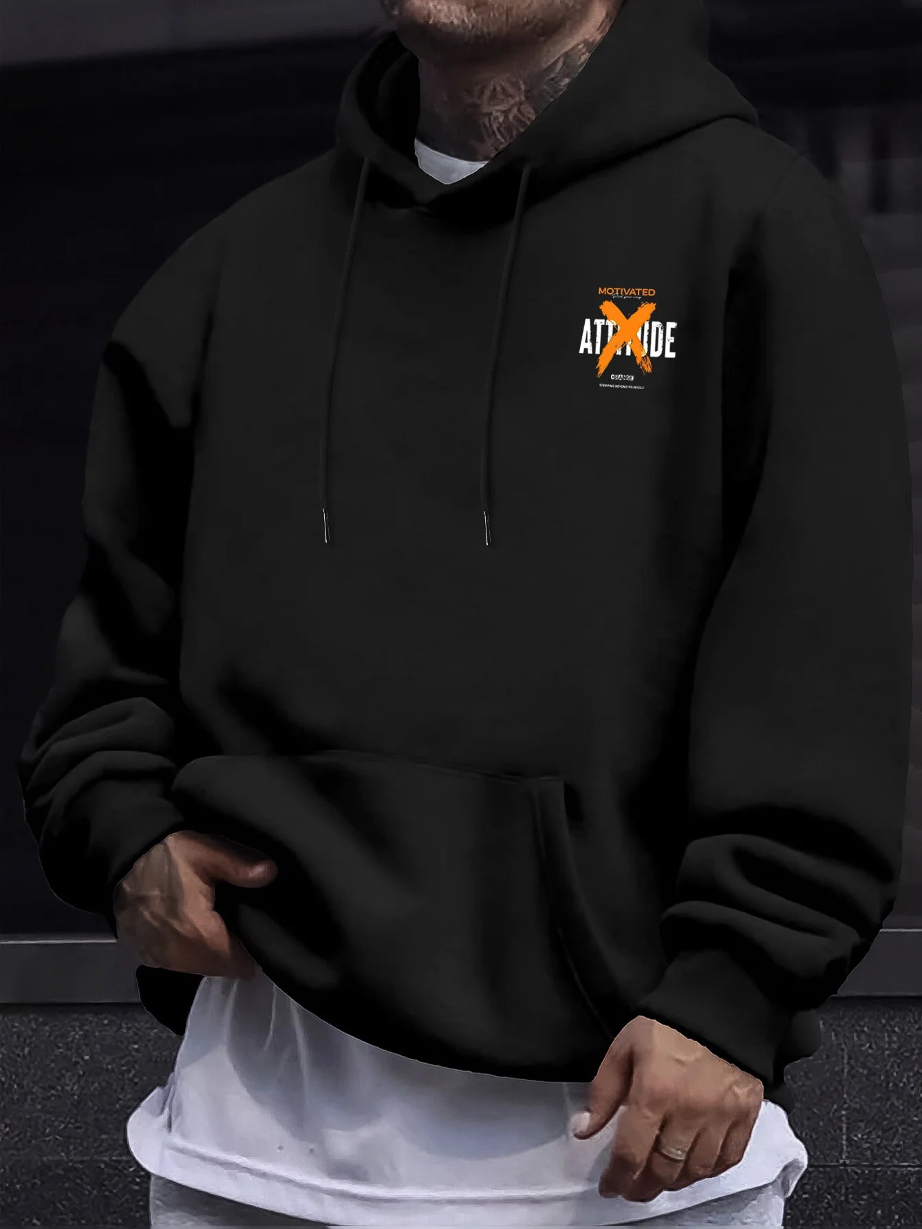 Motivated Attitude Hoodie Men ,oversized, X Letter Hip Hop Style Casual Sweatshirt, Back  Printed Patterns, Men Hoodies