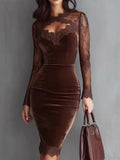 Women's V-Neck Long Sleeve Lace Sheer Bodycon Dress Sexy Transparent Casual A-Line Mid-Length Designer Luxury Dress