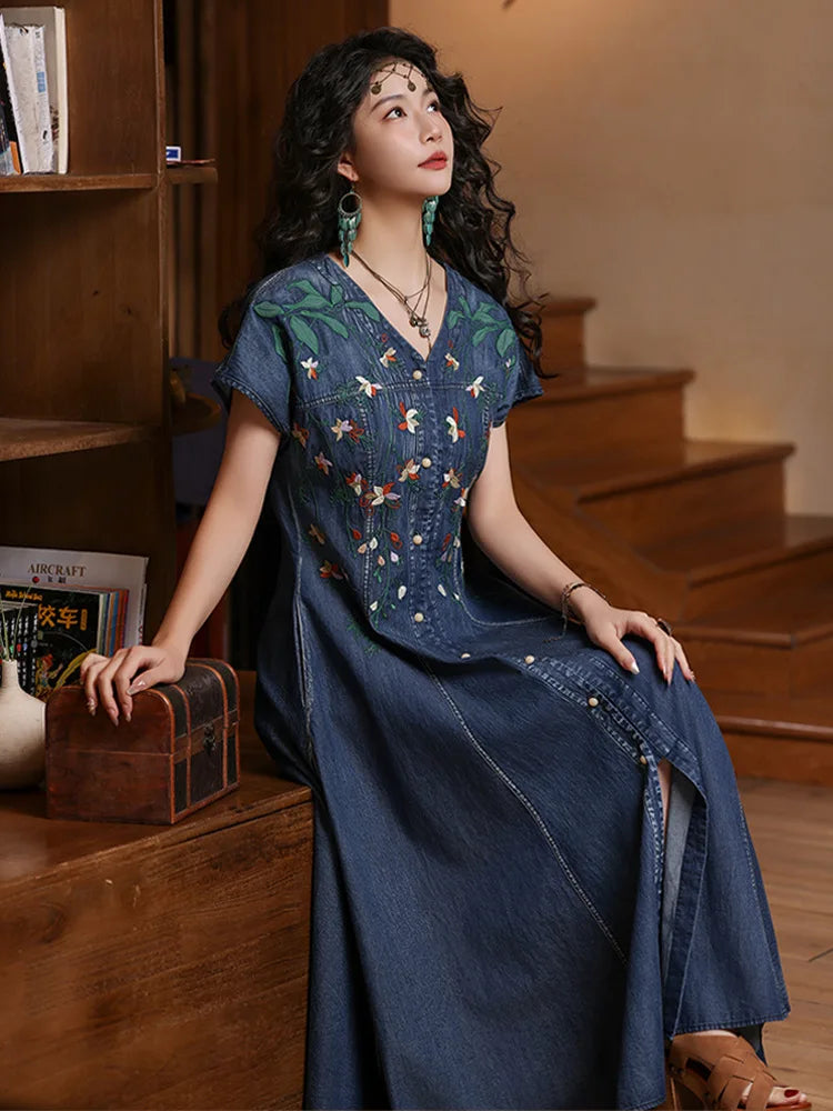 TIYIHAILEY Women Denim Dresses Long Mid-Calf Single Breasted Summer M-4XL Chinese Style Embroidery V-Neck New Vintage 2026
