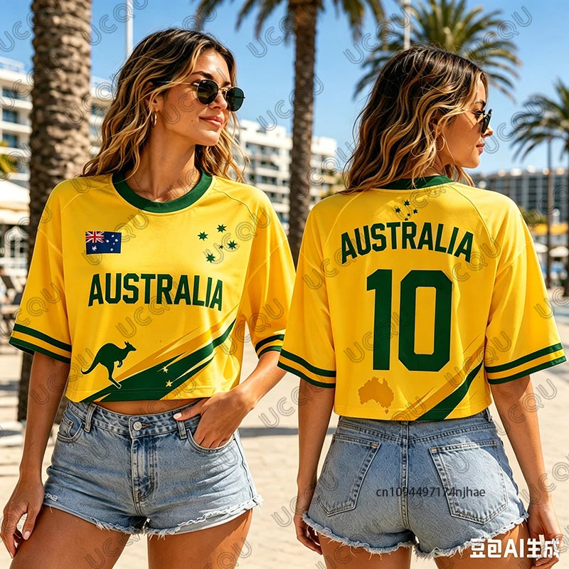 Summer New Australia Print T-Shirt For Women Short Sleeve O-neck Sexy Crop Top Streetwear Football Jersey Y2k Tees Casual Tops
