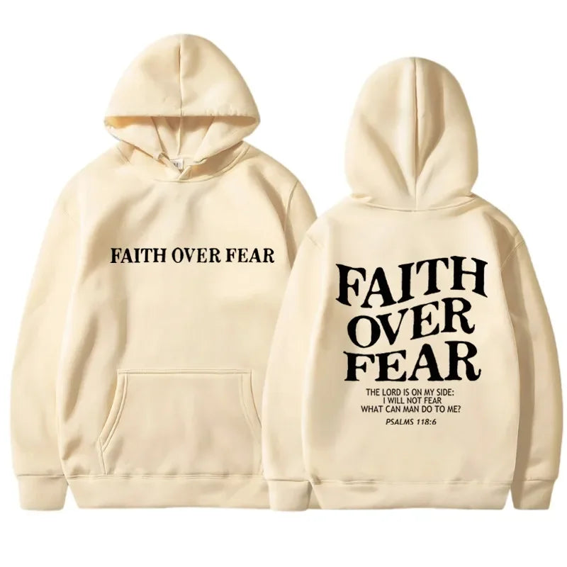 Men's Faith Over Fear Graphic Hoodie Black Pullover Sweatshirt Comfortable Blend Fabric Inspirational Streetwear Hooded Top