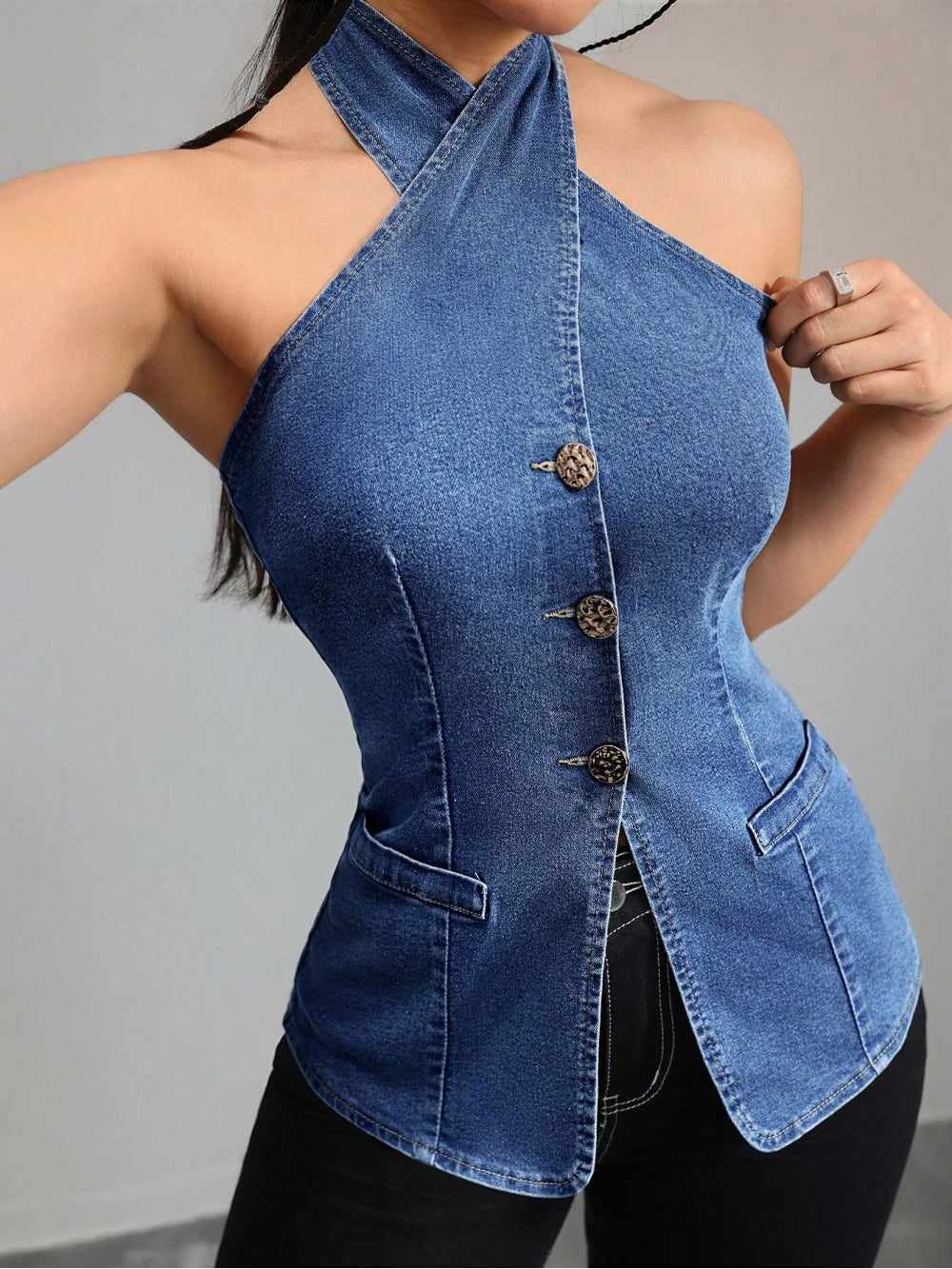 2026 new neck hanging sleeveless denim top sexy cross breasted slim fit vest Y2K spicy girl style street fashion personality ins
