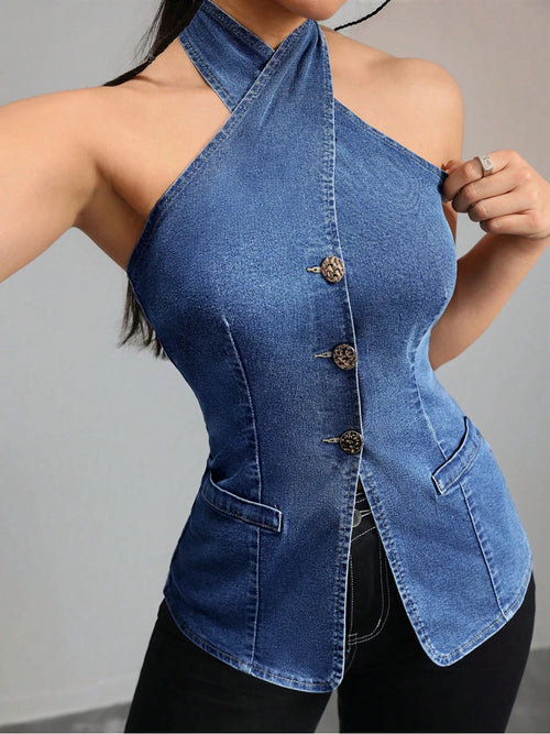 2026 new neck hanging sleeveless denim top sexy cross breasted slim fit vest Y2K spicy girl style street fashion personality ins