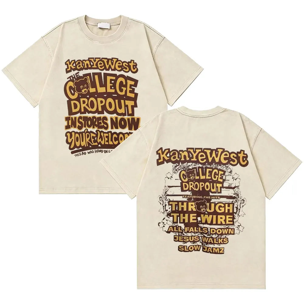 Awesome Rapper Kanye West Graduation Bear Vintage Washed T-shirt Men Women Hip Hop Fashion Trend Short Sleeve T Shirt Streetwear