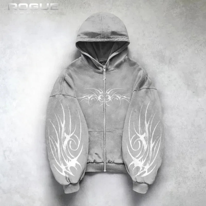 Korean Grunge Tribal Printed Zip Up Hoodie Men Gothic Y2K HipHop Streetwear Washed Harajuku Punk Edgy Darkcore Sweatshirt Unisex