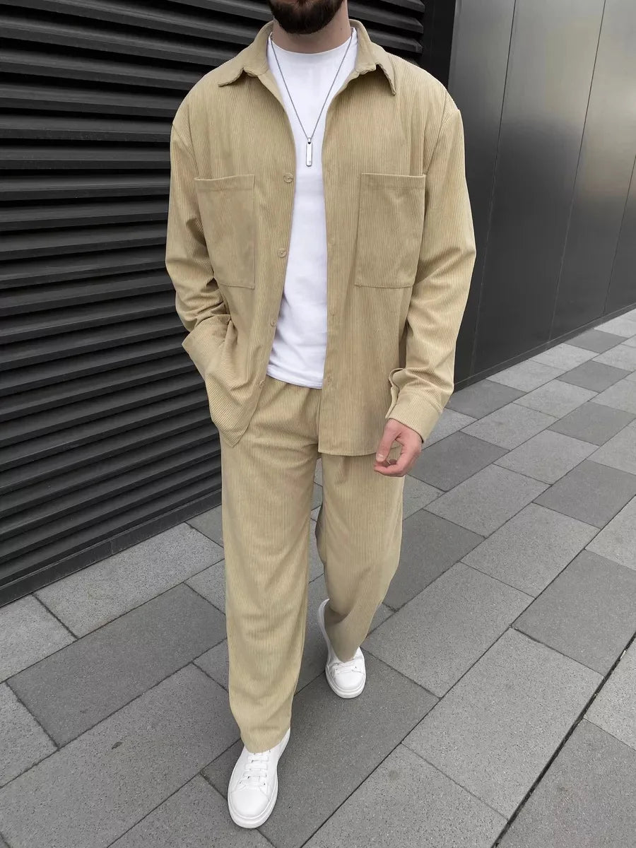 Men's corduroy two-piece outfit: long-sleeved button-down shirt and wide-leg trousers set, fashionable casual street sportswear.