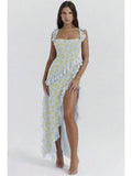 French Style Spaghetti Strap Ruffle Floral Print High Low Long Dress For Women
