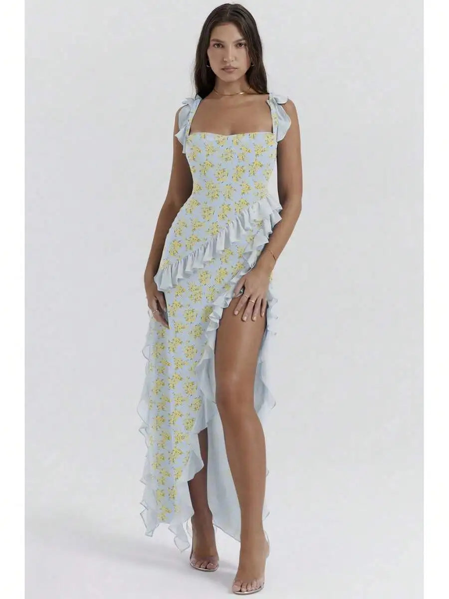 French Style Spaghetti Strap Ruffle Floral Print High Low Long Dress For Women