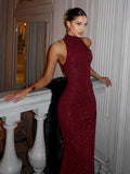 2025 New Women's Elegant Shiny Party Robes Sexy Slim Sequins Red Sleeveless Long Dress Fashion Solid Gown Dresses Customized