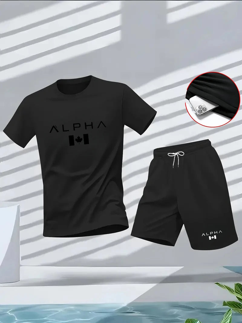 Men's summer fitness and sportswear set, round-neck short-sleeved T-shirt fashionable and casual
