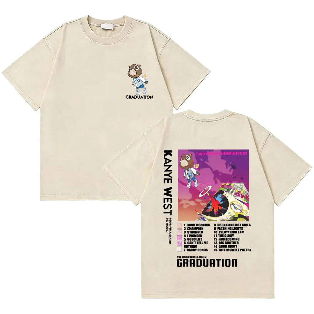 Awesome Rapper Kanye West Graduation Bear Vintage Washed T-shirt Men Women Hip Hop Fashion Trend Short Sleeve T Shirt Streetwear