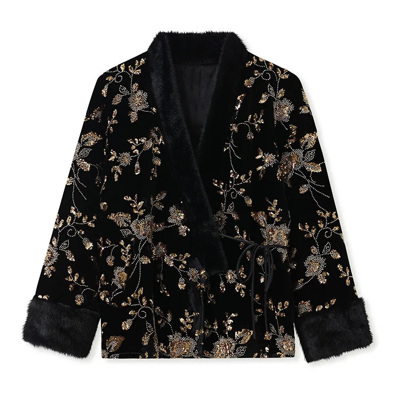 New Chinese Style Winter Women's Clothing, High-end V-neck New Chinese Style Gold Bead Embroidered Cotton Jacket Coat Outerwear