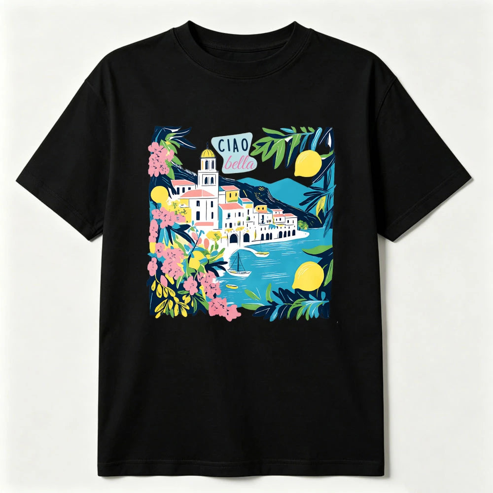 Italian Floral Mediterranean T-Shirt Ciao Bella Amalfi Coast Summer Tee Lemon Village Sailboat Positano Limoncello Travel Gift