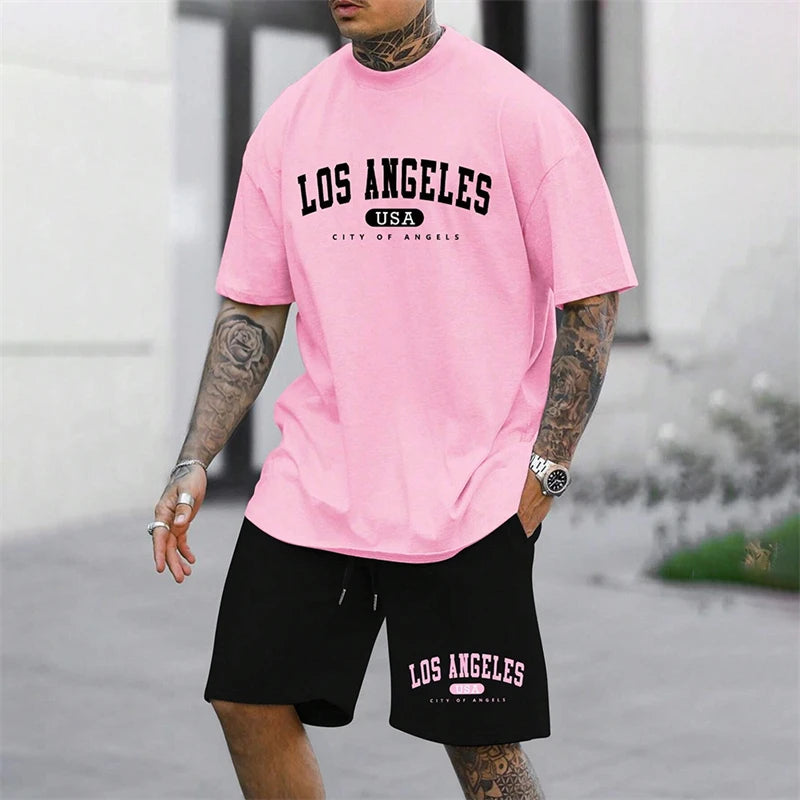 Men's Outdoor Letter Print Shorts Set Two-Piece Streetwear Two-Piece Athletic Wear Crew Neck T-Shirt Fashion Men's Apparel