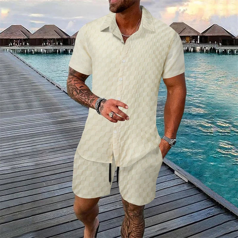 6 colors European and American new summer men's fashion pure color casual blended short-sleeved T-shirt shorts suit S-3XL size