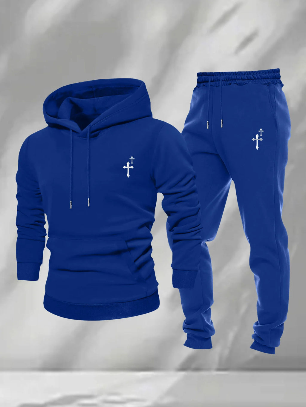 Men 2Pcs Small Cross Embroidery Hoodie Sweatpants Set Polyester Loose Autumn Daily Street Casual Tracksuit For Men