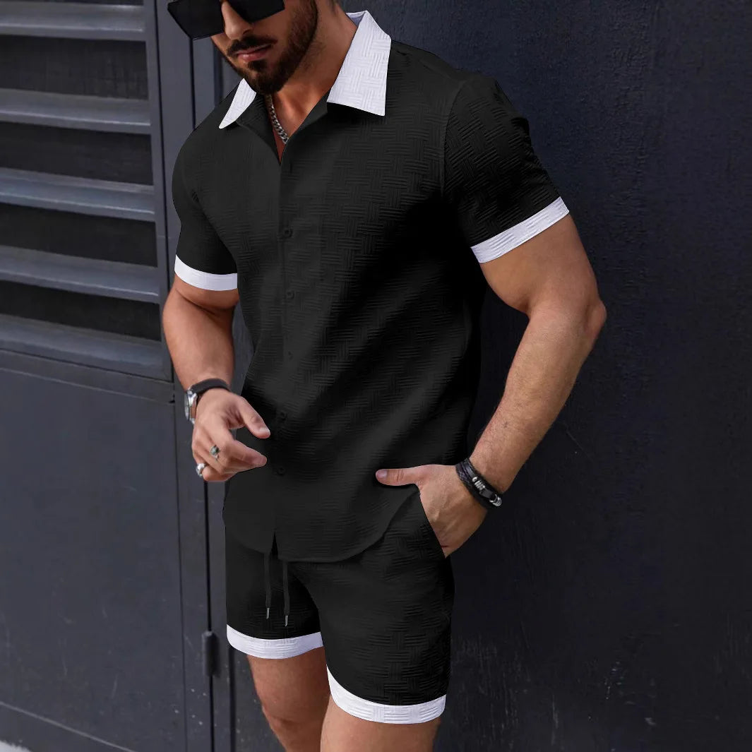 Matching Sets Trend Men Suit  Linen Short Sleeve JacquardShirt And Shorts 2-piece Set Hawaii Beach Men Casual Set 2 piece set