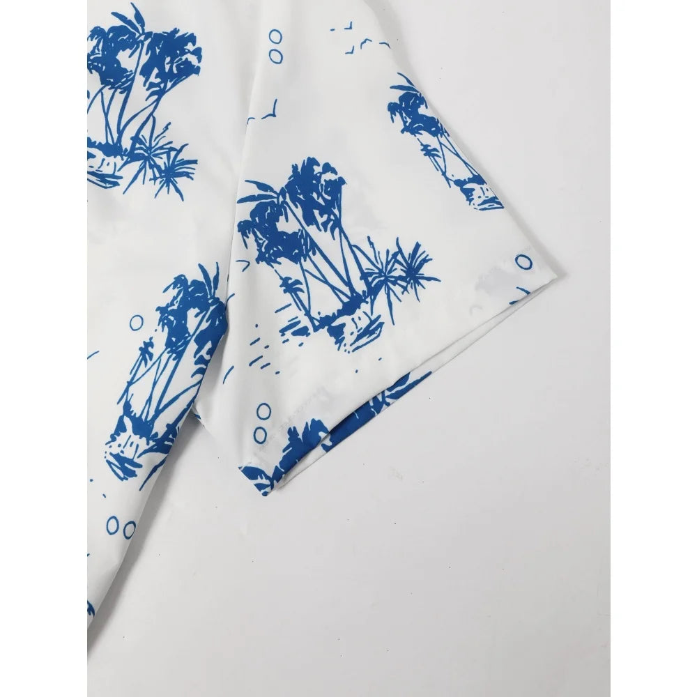 Summer Man Set Coconut Tree Fresh Flower Pattern Men's Short-Sleeved Button Shirt Summer Seaside Beach Vacation Hawaiian Shirt