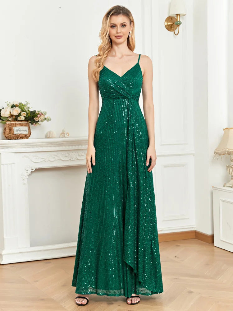 V Neck Spaghetti Strap Vertical Stripe Sequin A Line Dress Emerald Green High Thigh Split Floor Train Gala Cocktail Party Gown