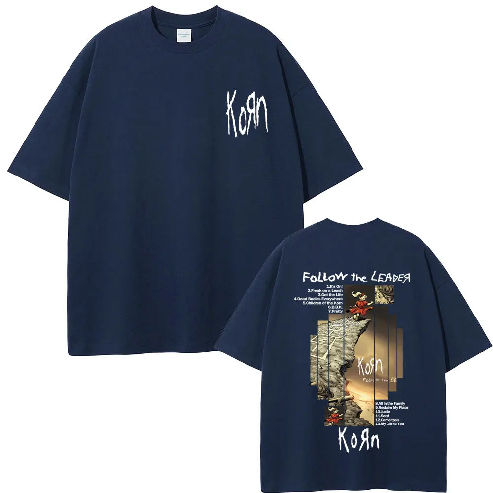 Rock Band Korn Follow The Leader Album Graphic T-shirt Men Women Casual Oversized T Shirts Male Vintage Alternative Metal Tshirt