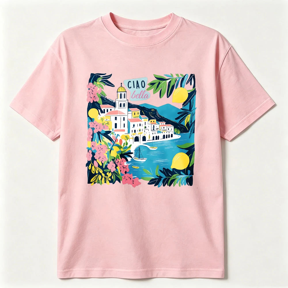 Italian Floral Mediterranean T-Shirt Ciao Bella Amalfi Coast Summer Tee Lemon Village Sailboat Positano Limoncello Travel Gift
