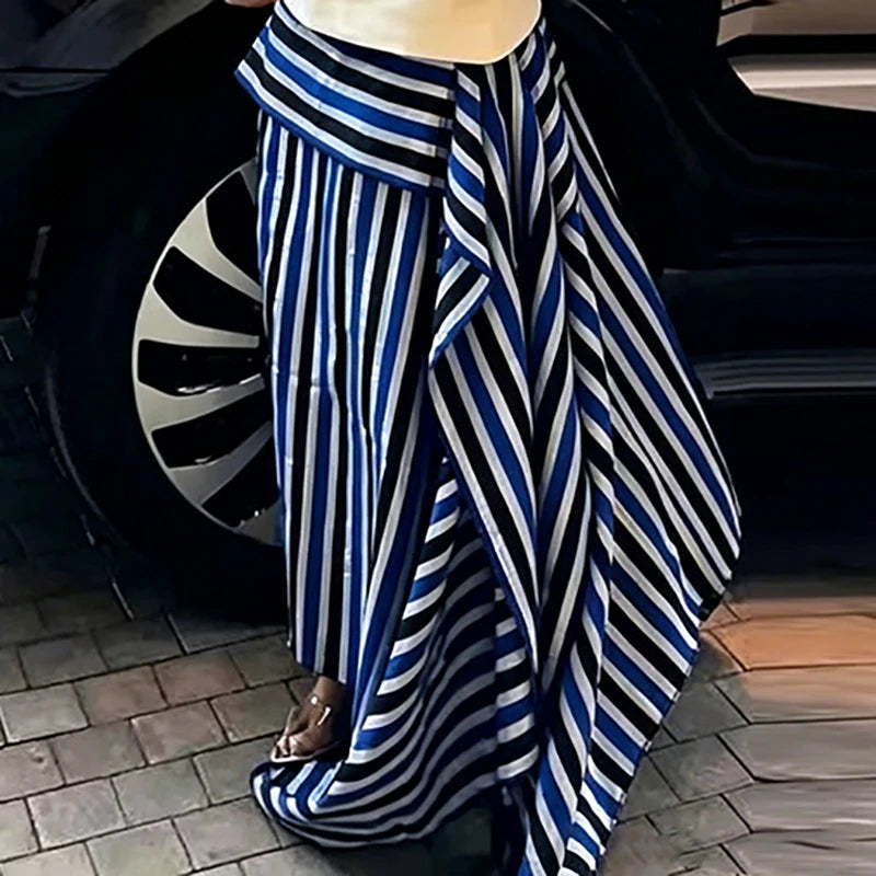 Fashion Irregular Splice Ruffle Edge Outfit Chic Striped Printed Top+Skirt 2pc Set Sexy Waist Cinch Backless Beach Holiday Suit