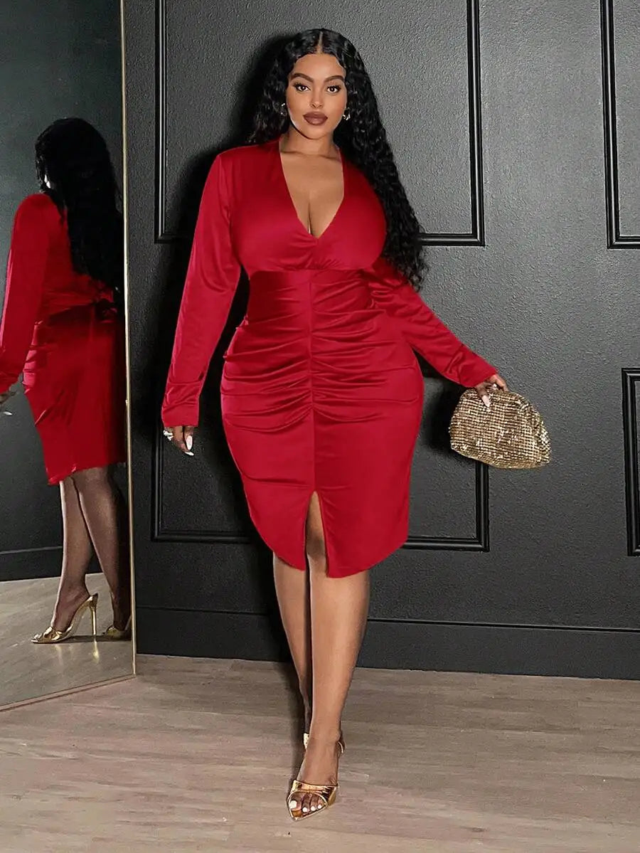 Elegant Sexy Ruched V-Neck Bodycon Long Sleeve Dress For Women Party Christmas