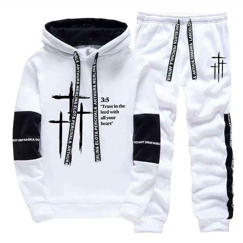 2026 New Arrival Men's Tracksuit Hoodie and Sweatpants 2pcs Set Autumn Daily Casual Sports Hooded Sportswear Cross Print Outfits