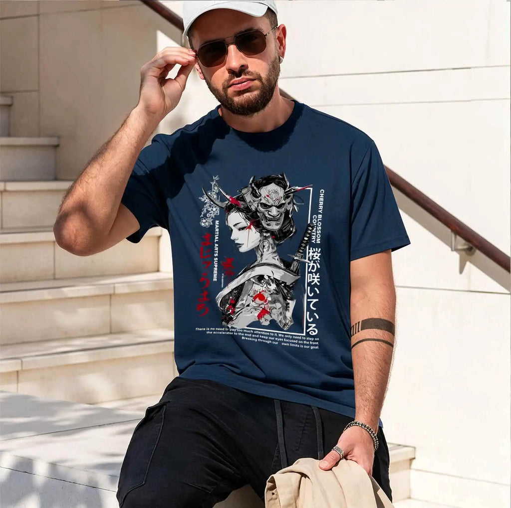 new printed T-shirt printed with  Men's Japanese Dark Ukiyo-e T-shirt, Oni Mask Geisha Katana Print Cool Street Style Top