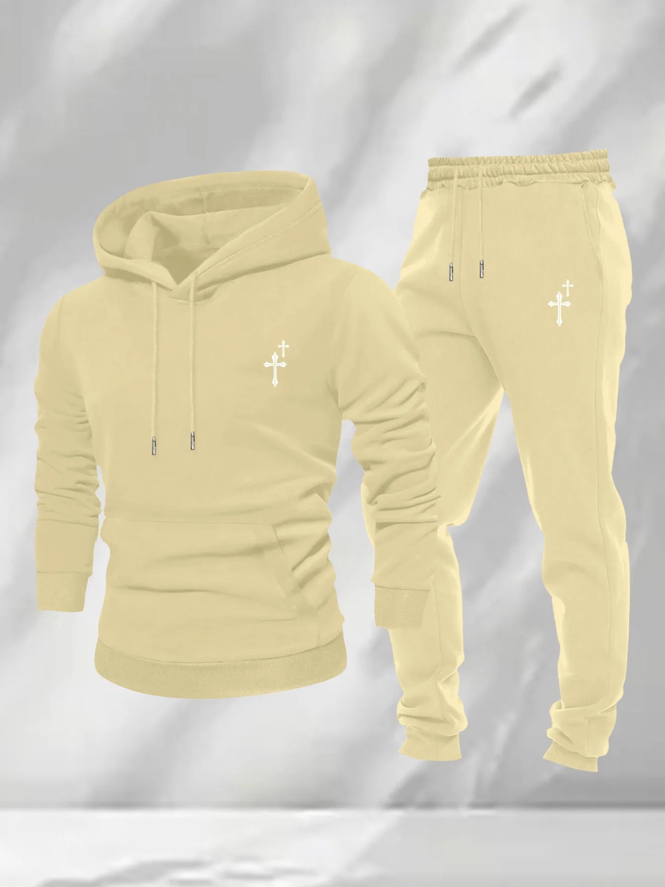 Men 2Pcs Small Cross Embroidery Hoodie Sweatpants Set Polyester Loose Autumn Daily Street Casual Tracksuit For Men