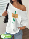 Plus Size 100% Cotton Shoulder Loose Print T-Shirt Oversized Y2K Style Graphic Tees Women Tops Summer Off The Shoulder Top