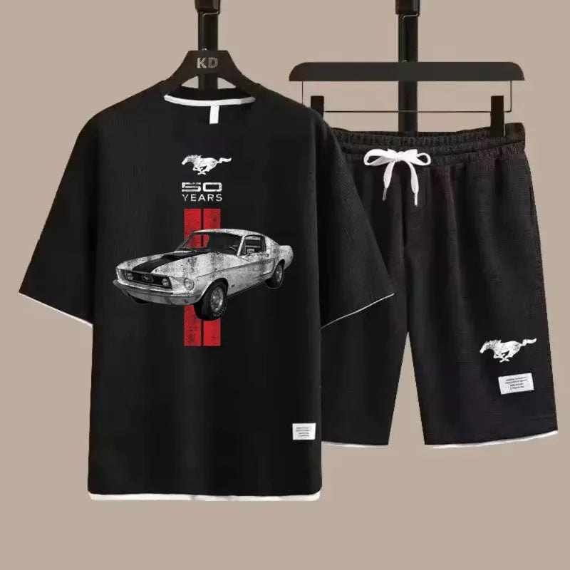 Retro 50 Years Mustang Car Man Tracksuit 2Piece Sets New Waffle Crewneck Tshirt & Shorts Sportwear Suit Mens Tees Short Pants