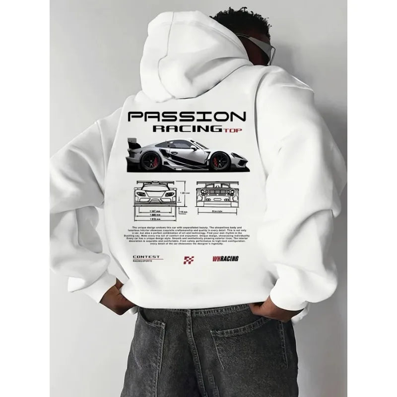 2026 Popular digital pattern men's hooded sweatshirt with car-themed design, American-style casual sports long-sleeved shirt