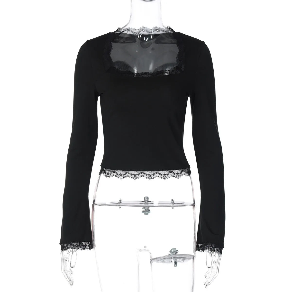 Women's Lace Edged Square Neck Long Sleeved Slim Fit Ladies Top T-Shirt Classic Simple Solid Sexy Square Neck Pullover Y2k Style