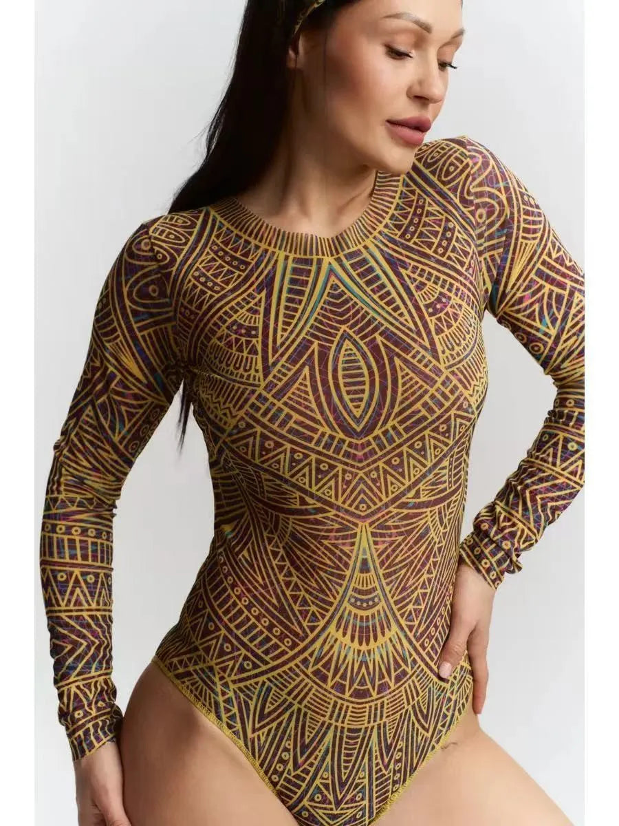 Long Sleeve Swimsuit Printed Sheer Mesh Swimwear Geometric Print Tribal Pattern Bathing Suit Red Orange High Neck Bodysuit