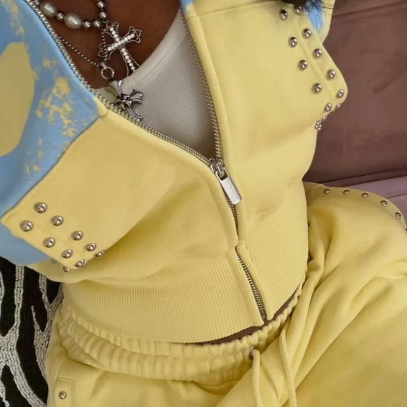 2 Pcs Hoodie Co-ords Yellow Mellow Athletic Set Rivet 21 Print Graphic Sweatsets Y2K Retro Hoodie Summer Shorts Women Sport Sets