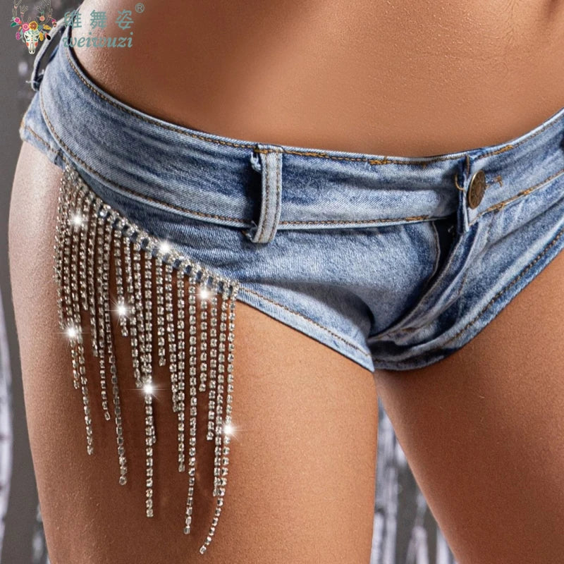 Uxury Diamond Tassel Women Mini Denim Shorts Spicy Girl NightClub PoleDance DS Party Hot Pants Sexy Show Peach Butt Jeans Summer