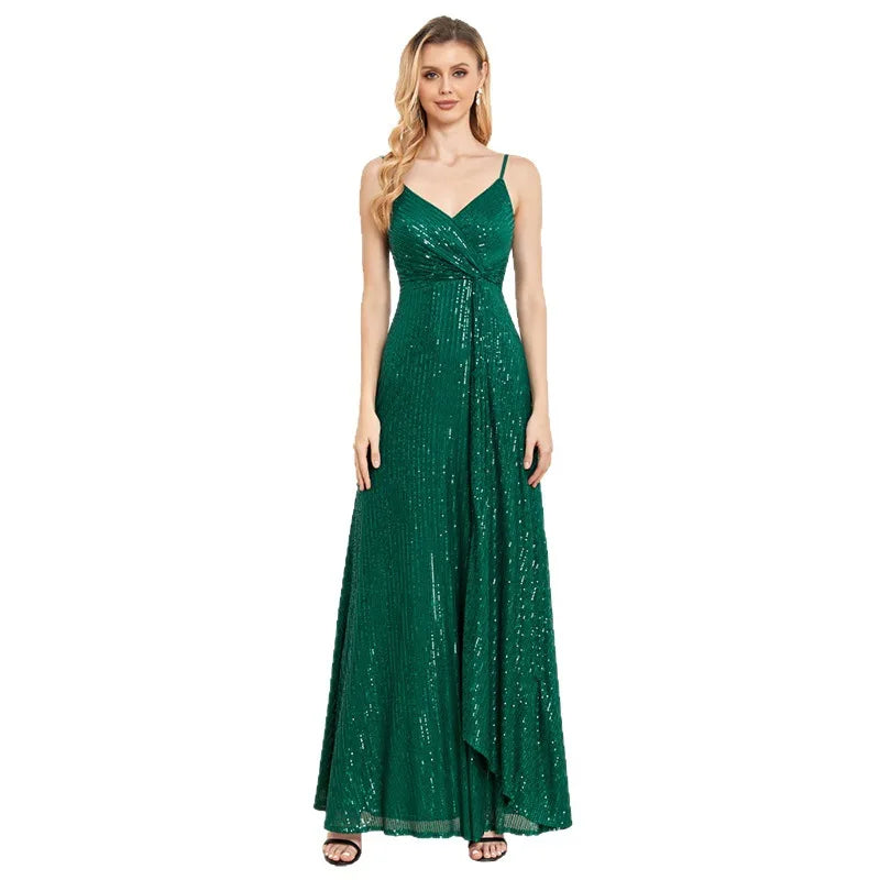 V Neck Spaghetti Strap Vertical Stripe Sequin A Line Dress Emerald Green High Thigh Split Floor Train Gala Cocktail Party Gown