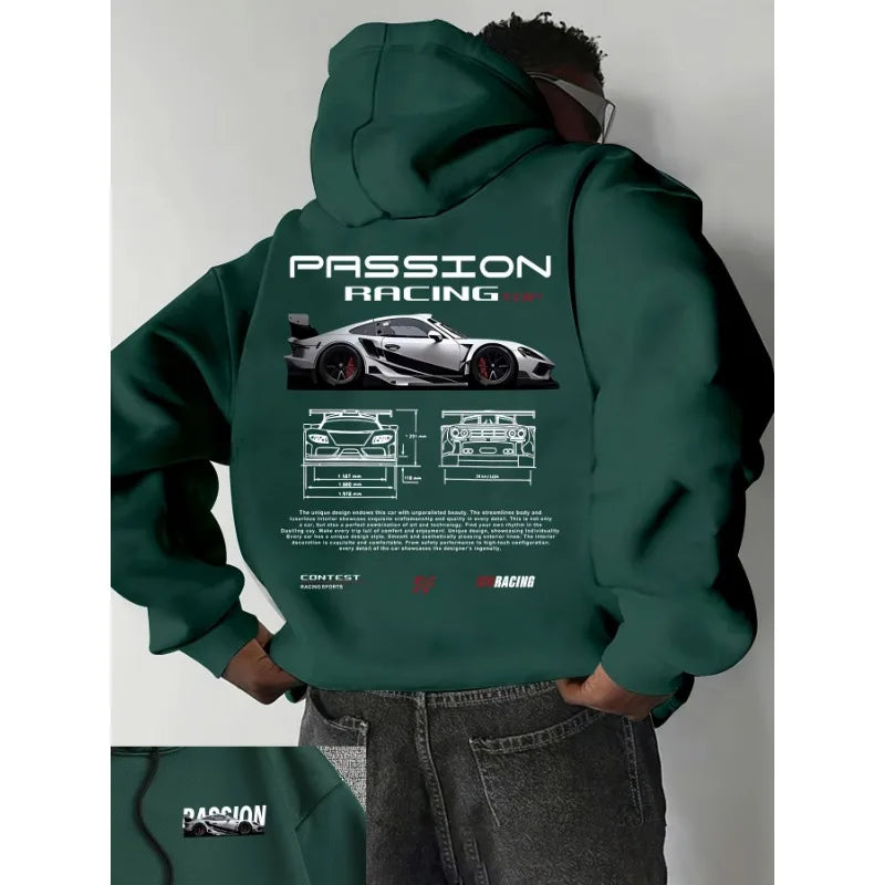 2026 Popular digital pattern men's hooded sweatshirt with car-themed design, American-style casual sports long-sleeved shirt