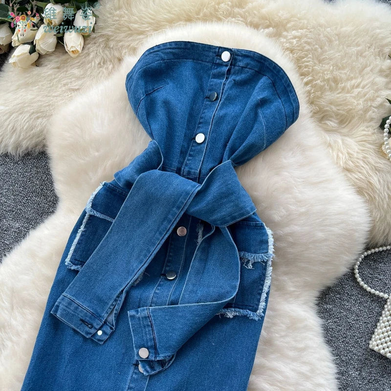 2026 Women Retro Strapless Demin Dress Sleeveless SingleBreasted LaceUp Slim Summer Streetwear Party clothing Sexy jeans Dresses