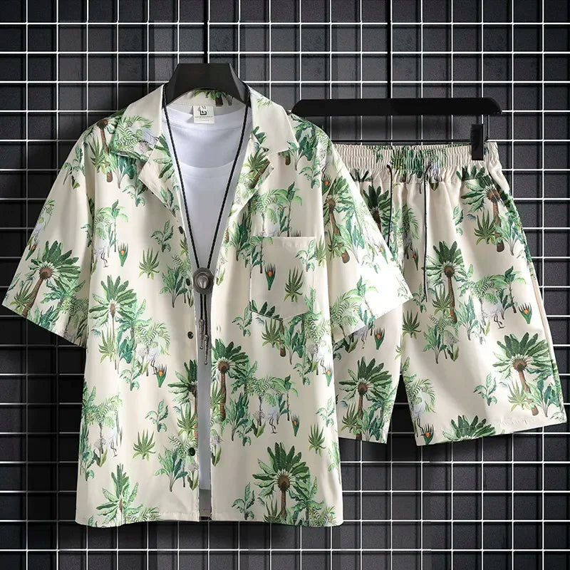 Men Hawaiian Print 2 Piece Set Short Sleeve Shirt And Shorts Beach Summer Outfit