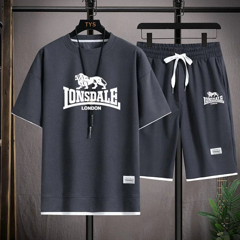 Men's summer new casual short-sleeved T-shirt set, fashionable outdoor men's round-neck pullover + sports shorts 2-piece set