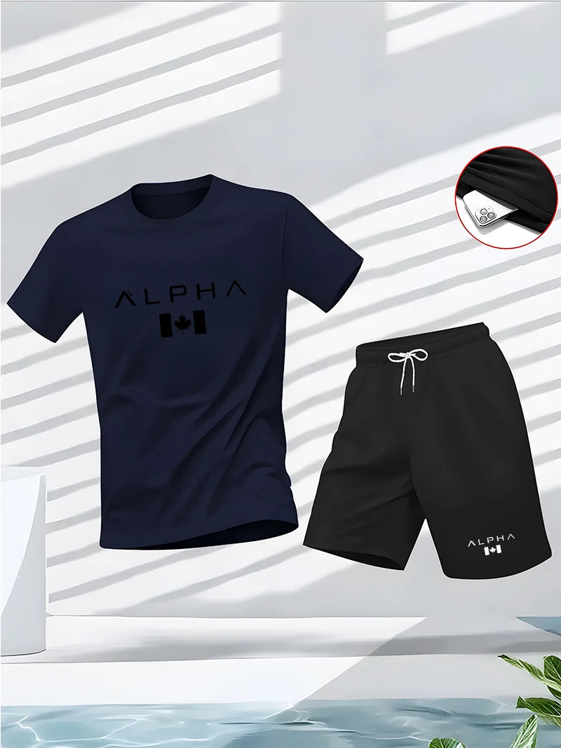 Men's summer fitness and sportswear set, round-neck short-sleeved T-shirt fashionable and casual