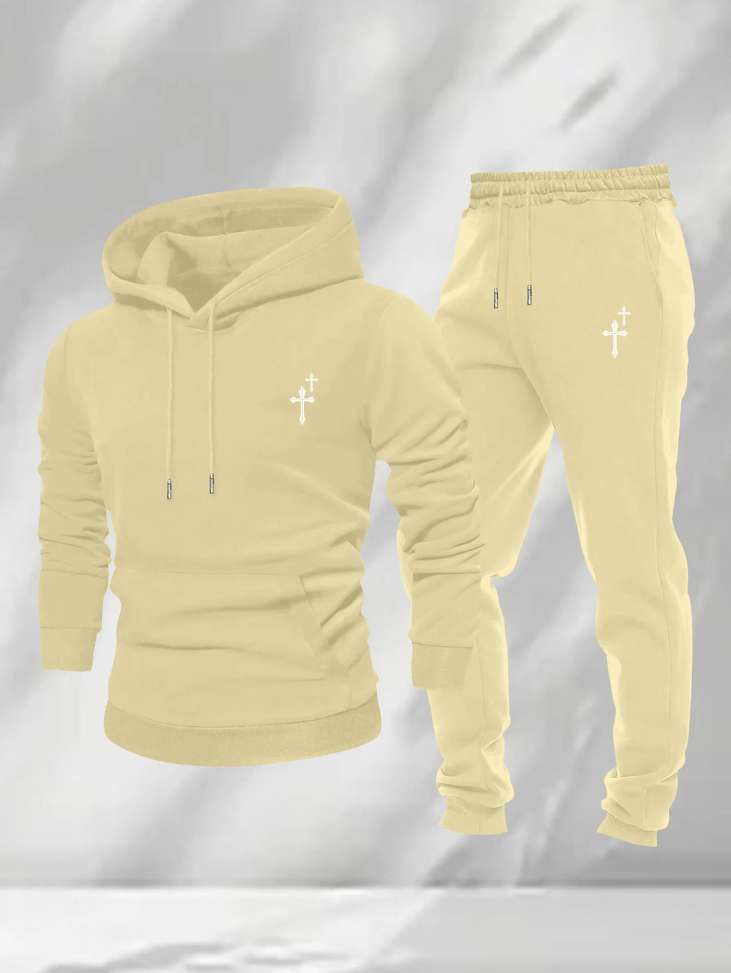 Men 2Pcs Small Cross Embroidery Hoodie Sweatpants Set Polyester Loose Autumn Daily Street Casual Tracksuit For Men