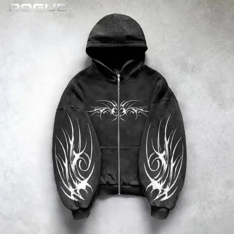 Korean Grunge Tribal Printed Zip Up Hoodie Men Gothic Y2K HipHop Streetwear Washed Harajuku Punk Edgy Darkcore Sweatshirt Unisex