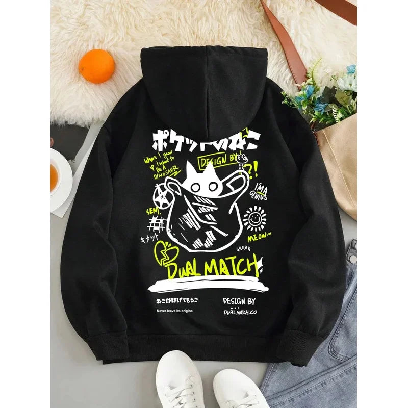 2025 unisex printed hooded sweatshirt with black cat letter pattern long sleeved sweatshirt, casual and comfortable