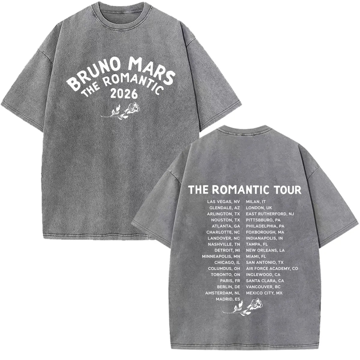 Bruno Mars The Romantic Tour 2026 Print Vintage Washed T-shirt Man Woman Fashion T-shirts Cotton Loose Casual Oversized T-shirts