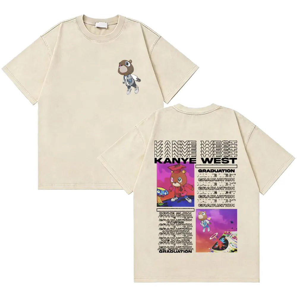 Awesome Rapper Kanye West Graduation Bear Vintage Washed T-shirt Men Women Hip Hop Fashion Trend Short Sleeve T Shirt Streetwear