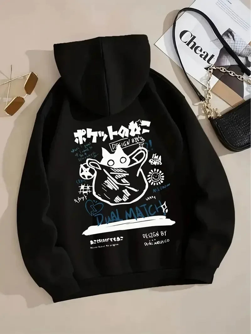 2025 unisex printed hooded sweatshirt with black cat letter pattern long sleeved sweatshirt, casual and comfortable